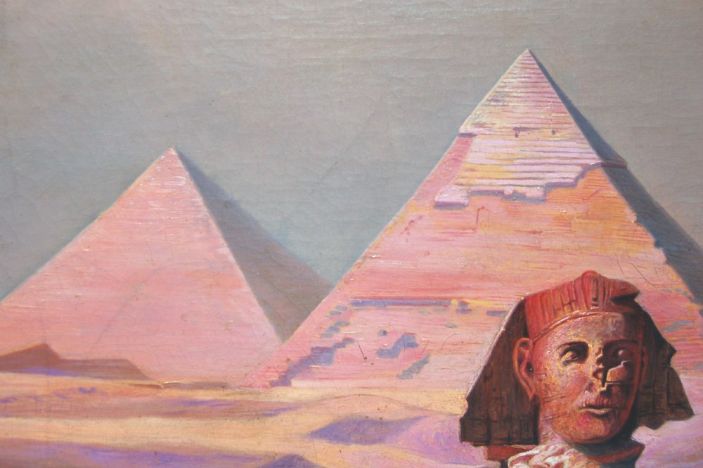 An Orientalist oil painting on canvas depicting the Sphinx and the Pyramids of Giza set against a muted pink sky with figures and camels in the foreground. View V