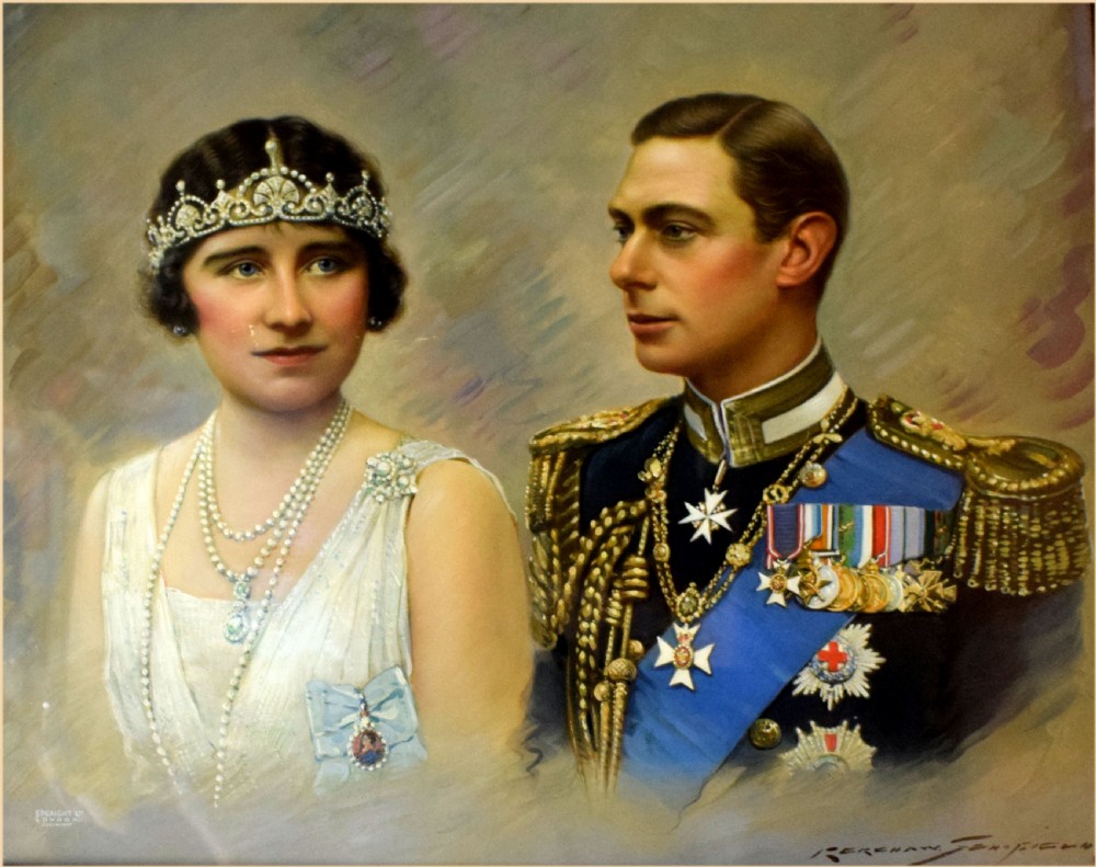 An oil portrait painting depicting King George VI in military regalia alongside Queen Elizabeth wearing a tiara and pearl necklaces.