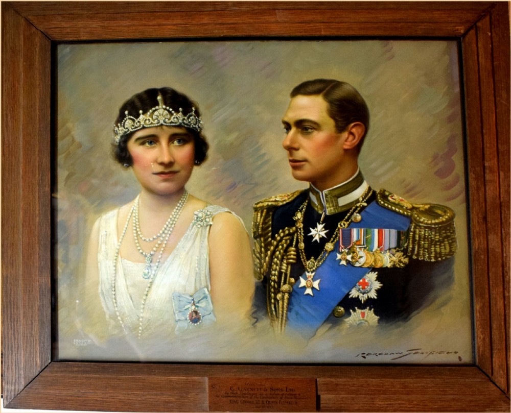An oil portrait painting depicting King George VI in military regalia alongside Queen Elizabeth wearing a tiara and pearl necklaces. View III