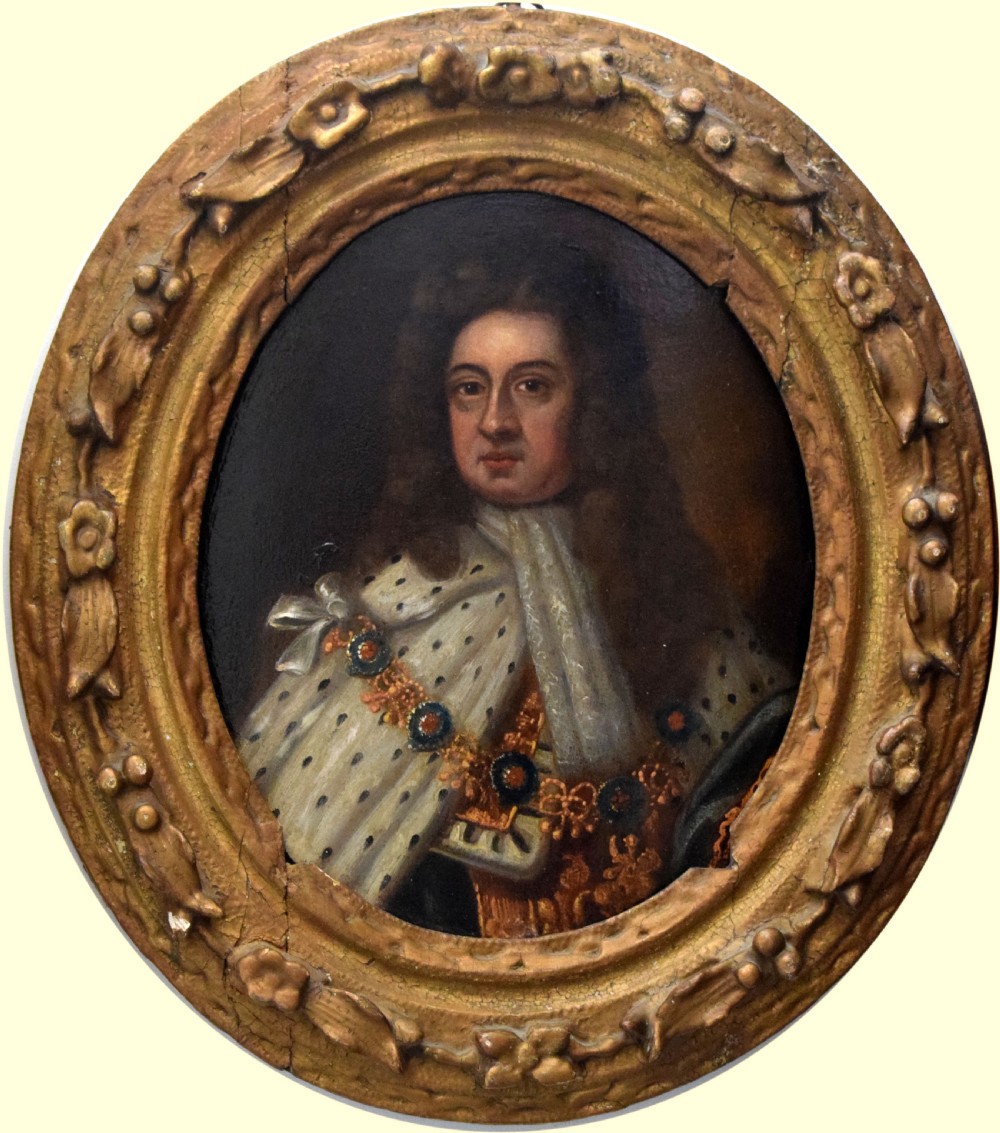 An oval Baroque oil portrait depicting King William III wearing ermine robes, an ornate collar insignia, and a full dark wig against a dark background. View III