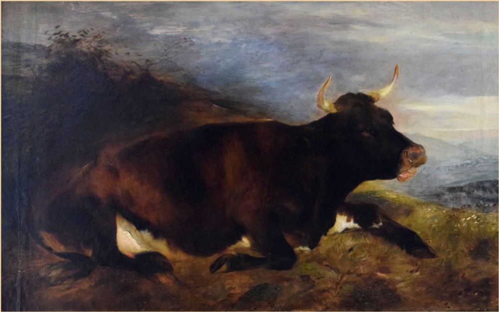 An oil painting depicting a dark brown cow lying down on a grassy hill under a cloudy sky.