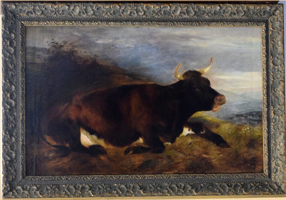 An oil painting depicting a dark brown cow lying down on a grassy hill under a cloudy sky. View IV