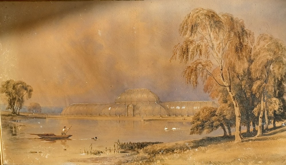 A 19th-century sepia watercolour painting depicting the Palm House at Kew Gardens across a body of water with trees and a figure in a small boat.