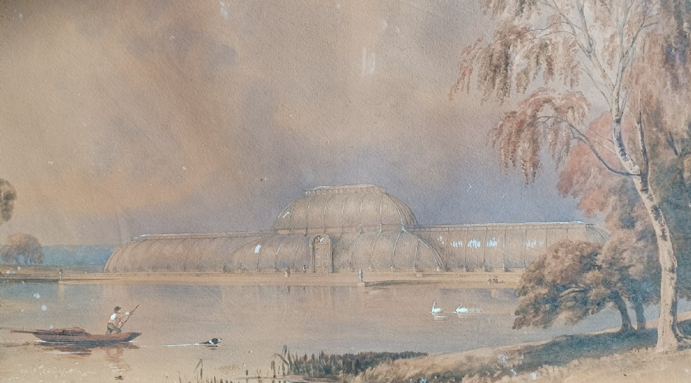 A 19th-century sepia watercolour painting depicting the Palm House at Kew Gardens across a body of water with trees and a figure in a small boat. View III