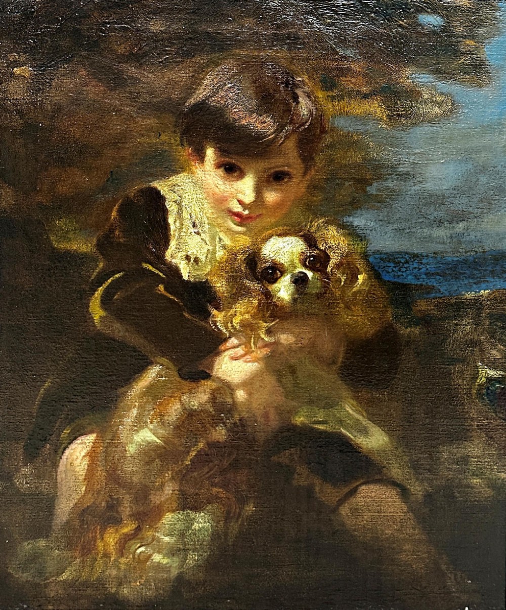 An oil painting depicting a young boy in a dark garment with a white lace collar embracing a Cavalier King Charles Spaniel.