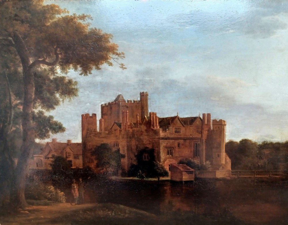 An 18th-century oil landscape painting on an oak panel depicting Hever Castle viewed from across a river with mature trees on the left.