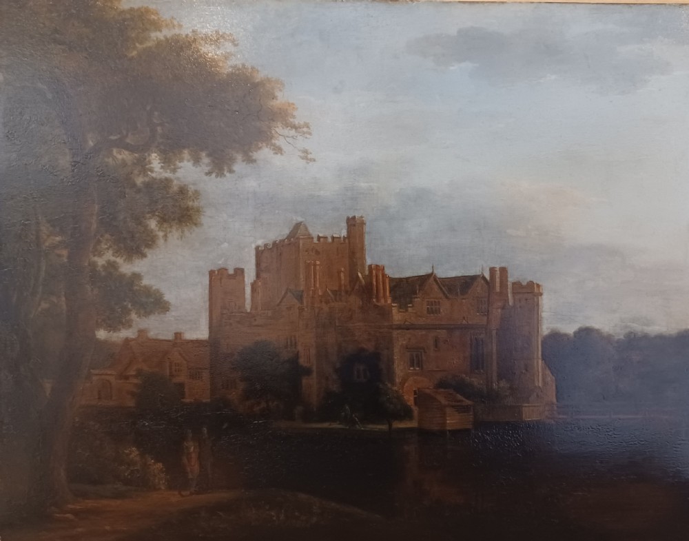 An 18th-century oil landscape painting on an oak panel depicting Hever Castle viewed from across a river with mature trees on the left. View II