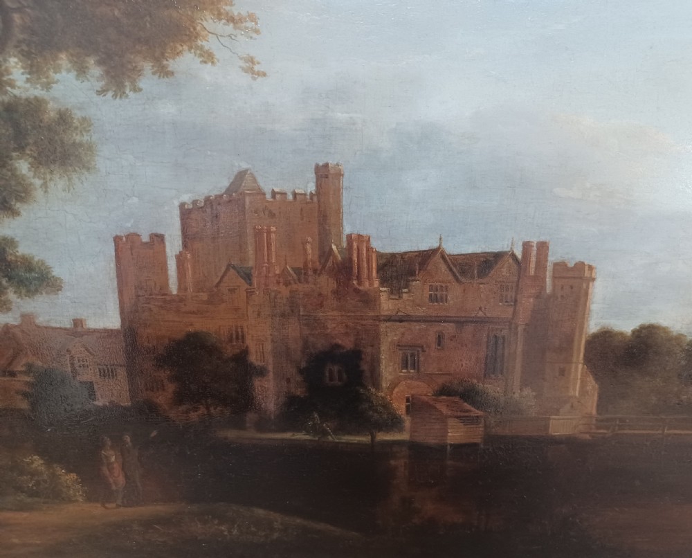 An 18th-century oil landscape painting on an oak panel depicting Hever Castle viewed from across a river with mature trees on the left. View III