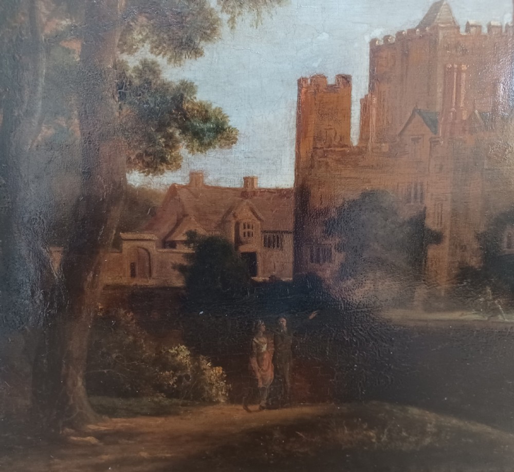 An 18th-century oil landscape painting on an oak panel depicting Hever Castle viewed from across a river with mature trees on the left. View IV