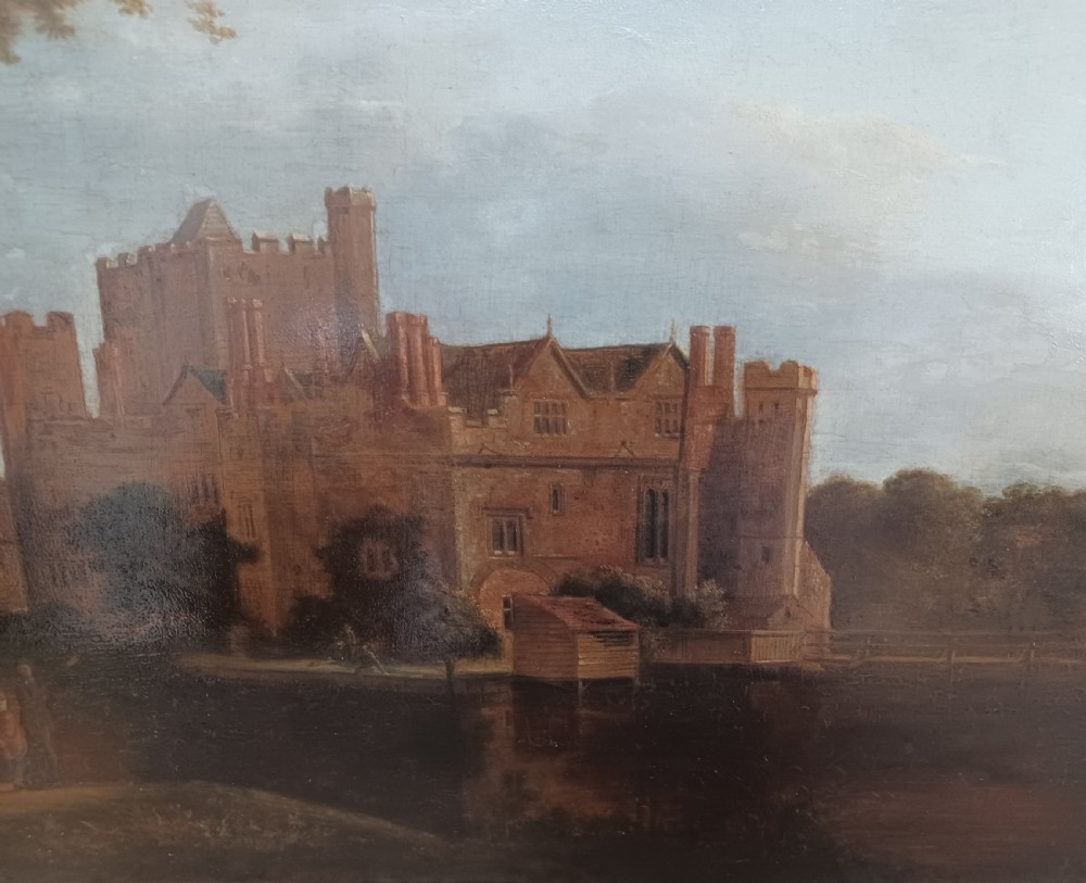 An 18th-century oil landscape painting on an oak panel depicting Hever Castle viewed from across a river with mature trees on the left. View V