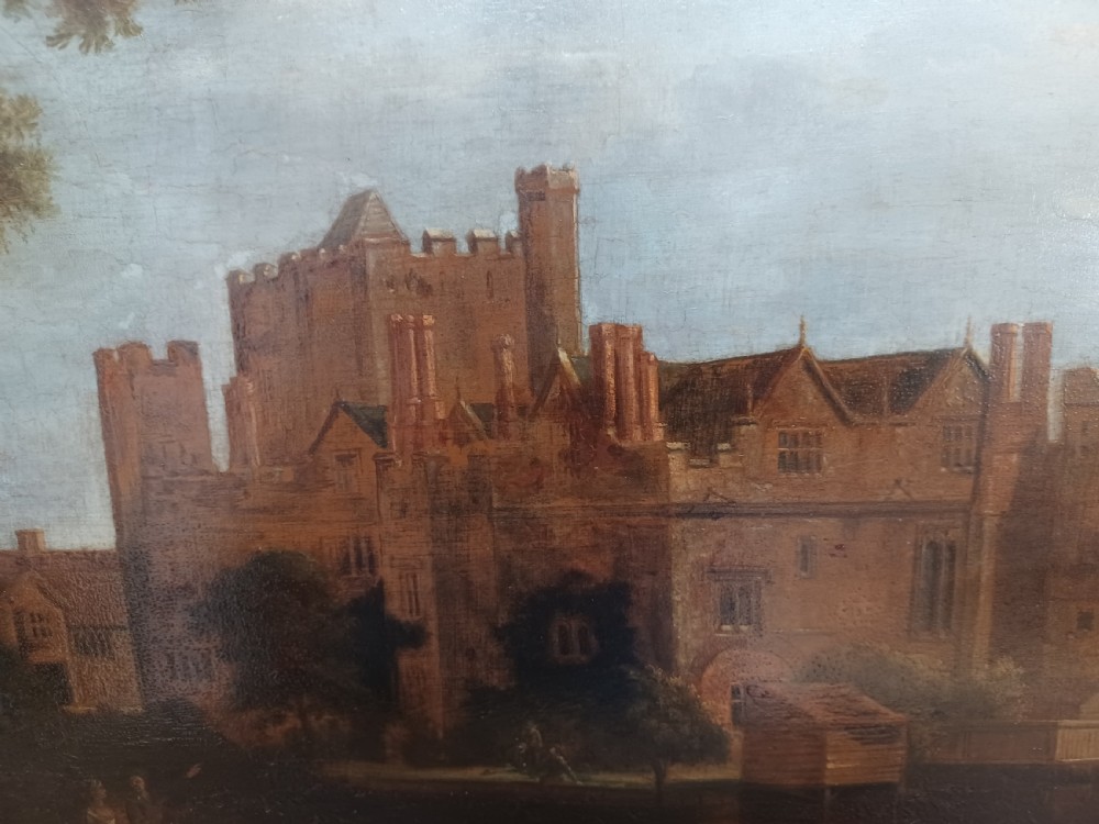 An 18th-century oil landscape painting on an oak panel depicting Hever Castle viewed from across a river with mature trees on the left. View VI