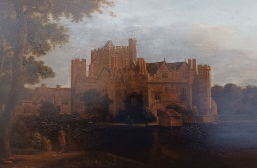 An 18th-century oil landscape painting on an oak panel depicting Hever Castle viewed from across a river with mature trees on the left. View VII