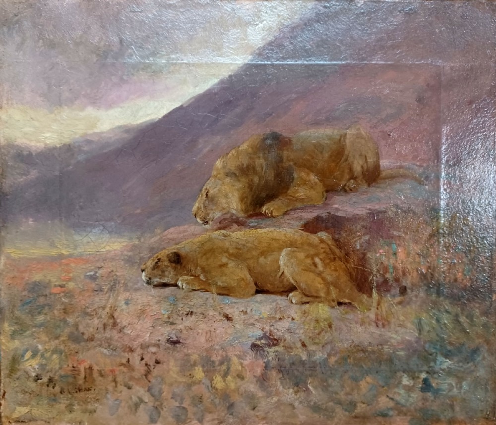 An oil painting on canvas depicting a lion and a lioness crouched low on a rocky terrain in a mountainous landscape at dusk.