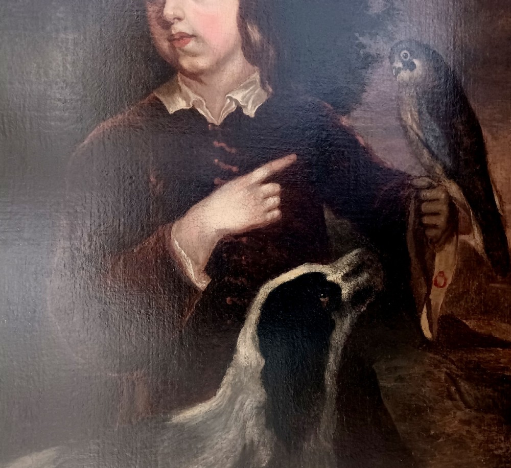 An 18th-century oil painting depicting a young man pointing while holding a falcon on his hand with a spotted hunting dog at his side. View IV