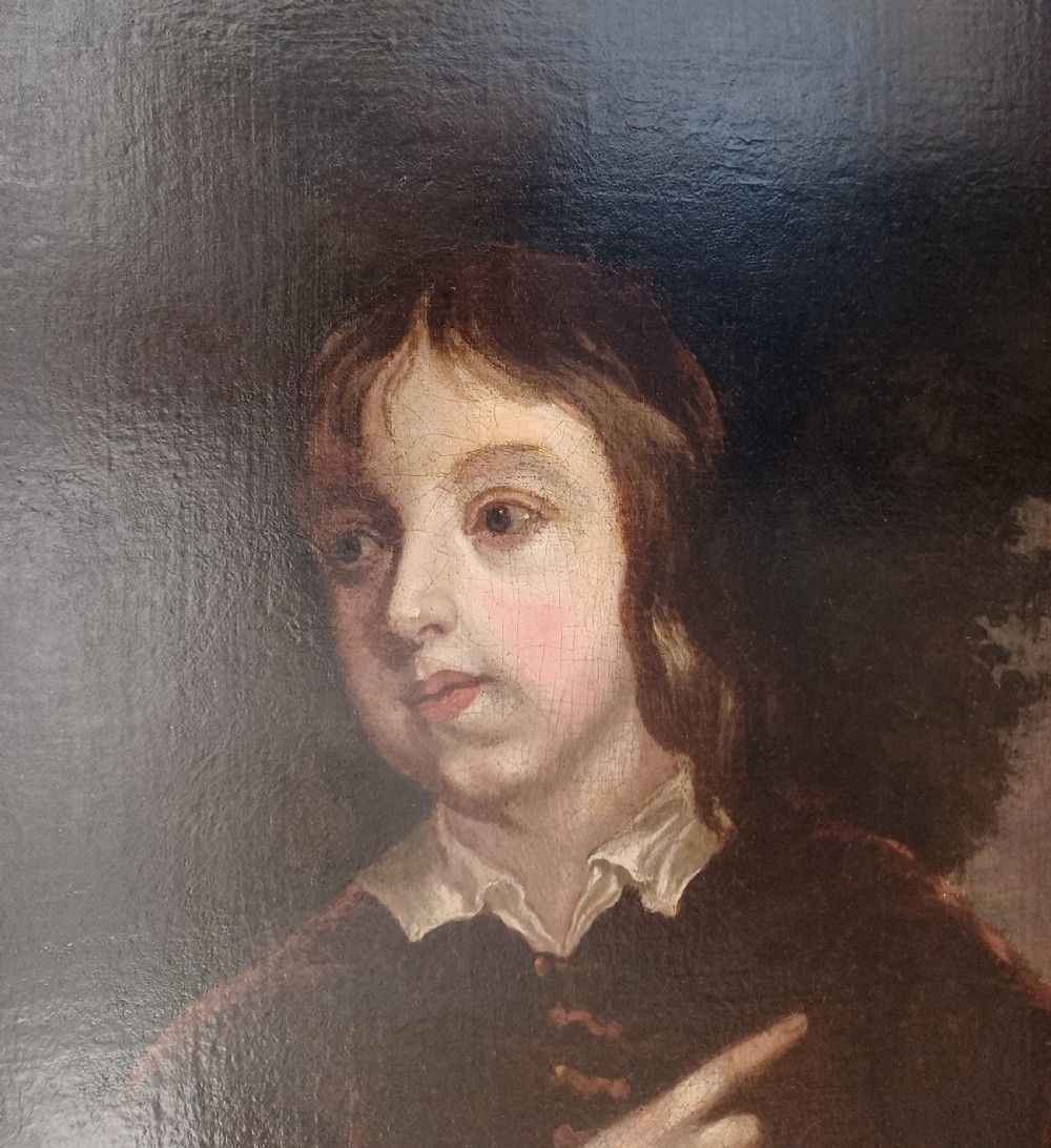 An 18th-century oil painting depicting a young man pointing while holding a falcon on his hand with a spotted hunting dog at his side. View VII