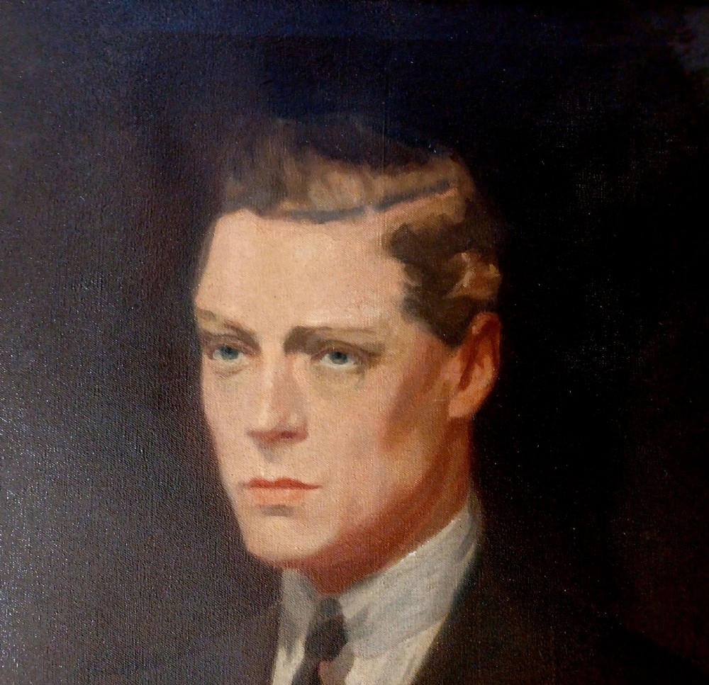 An oil painting on canvas depicting Edward, Prince of Wales, wearing a dark suit with a lapel poppy and holding a paper booklet. View III