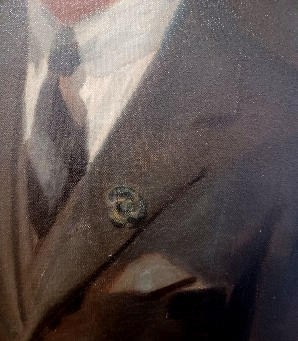 An oil painting on canvas depicting Edward, Prince of Wales, wearing a dark suit with a lapel poppy and holding a paper booklet. View IV