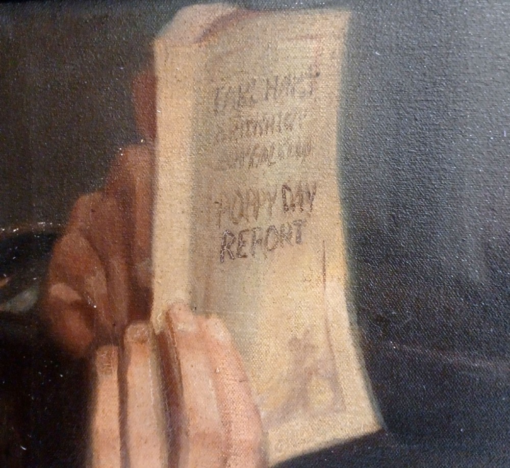 An oil painting on canvas depicting Edward, Prince of Wales, wearing a dark suit with a lapel poppy and holding a paper booklet. View VI