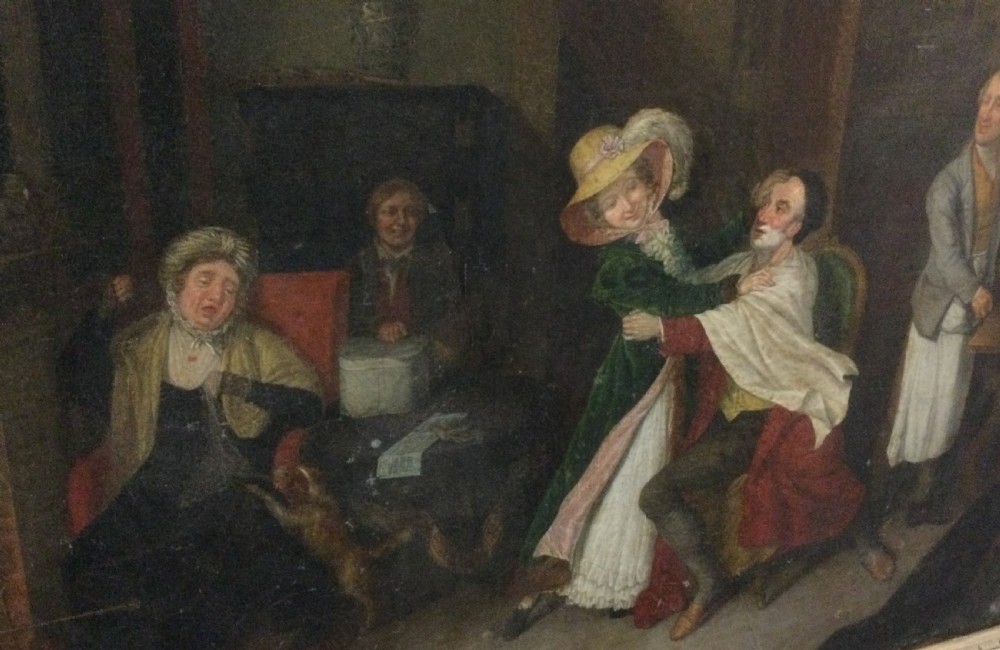 An early nineteenth-century oil painting depicting an interior narrative scene where a woman interrupts a seated gentleman during his shaving ritual. View II