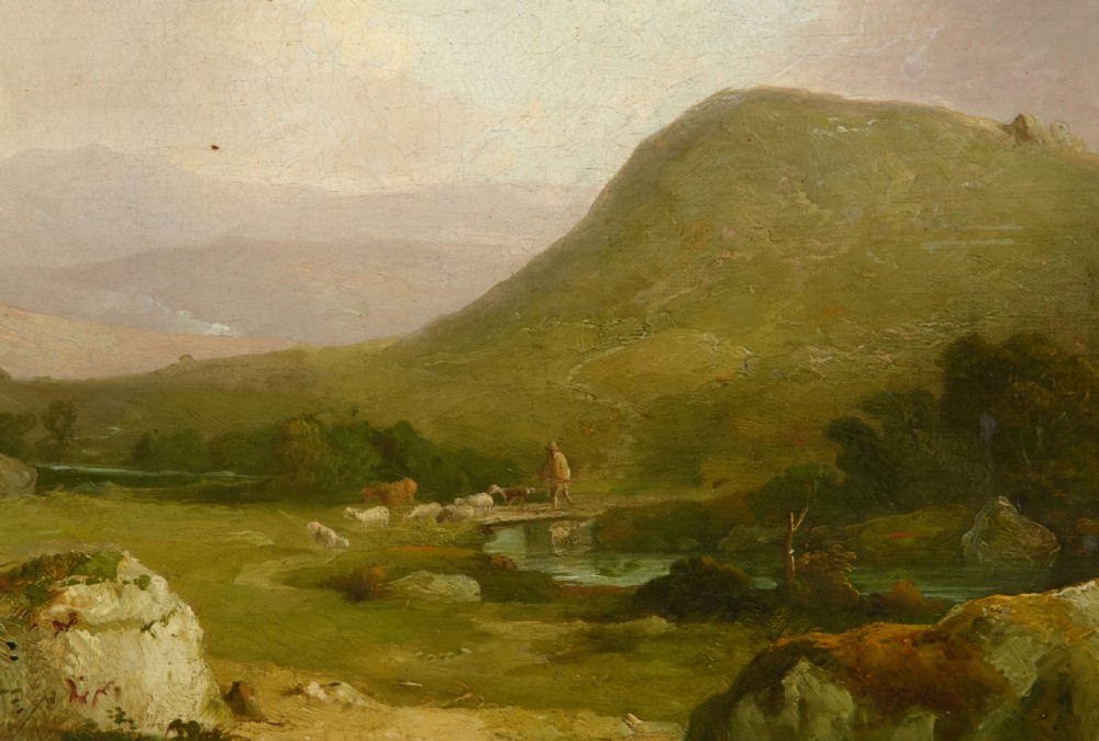 A nineteenth-century oil painting depicts a drover and livestock crossing a small stone bridge over a river in a rugged Dartmoor landscape under an overcast sky. View II