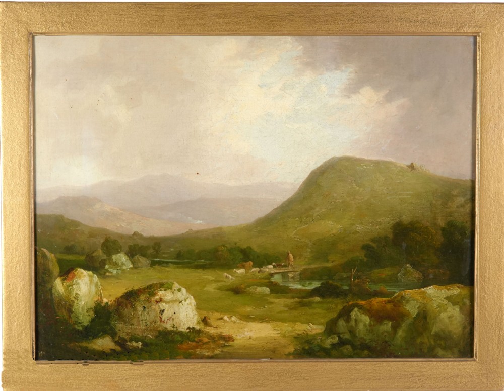 A nineteenth-century oil painting depicts a drover and livestock crossing a small stone bridge over a river in a rugged Dartmoor landscape under an overcast sky. View III