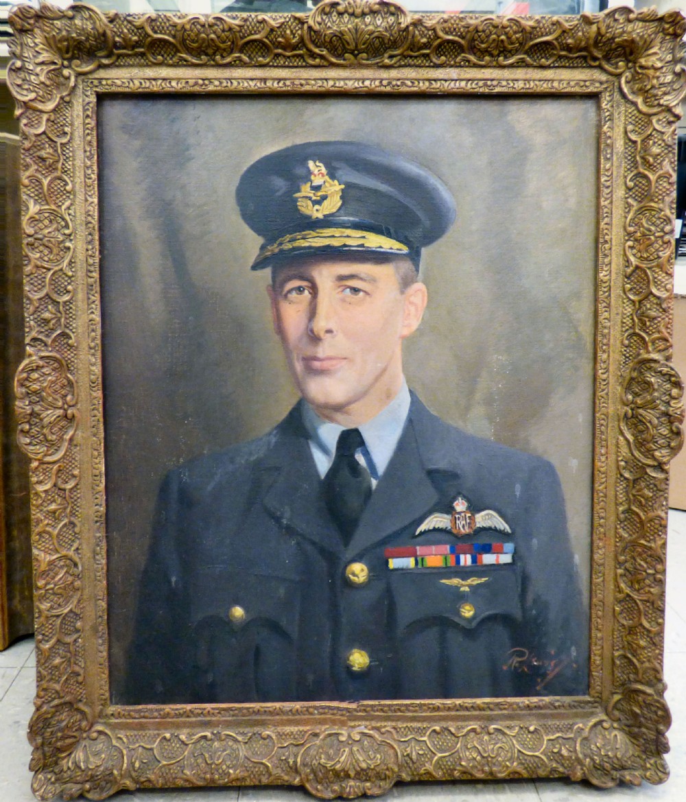 An oil portrait depicting Air Vice Marshal Donald Bennett wearing a mid-blue RAF uniform with pilot wings and medals. View III