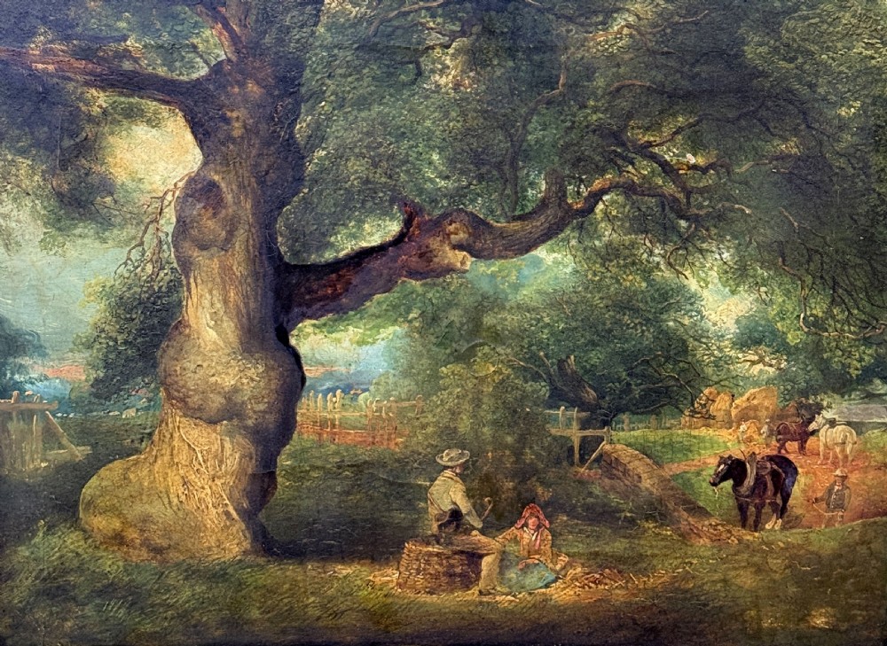 A 19th-century oil painting depicting agricultural labourers resting under a mature oak tree with cart horses working in a distant farmyard.