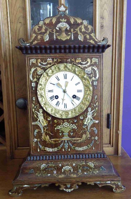 simply stunning rosewood inlayed french mantel clock - CATEGORY: ANTIQUE CLOCKS - DATED 1890