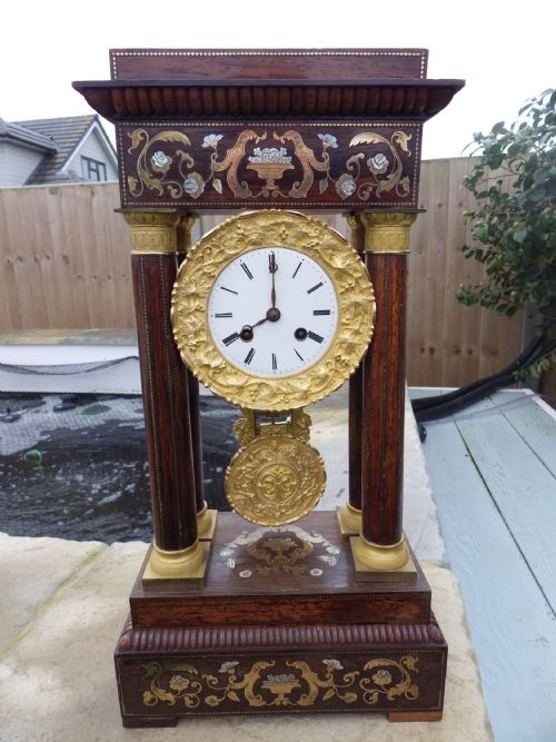 french charles x portico clock stunning inlay - CATEGORY: ANTIQUE CLOCKS - DATED 1880