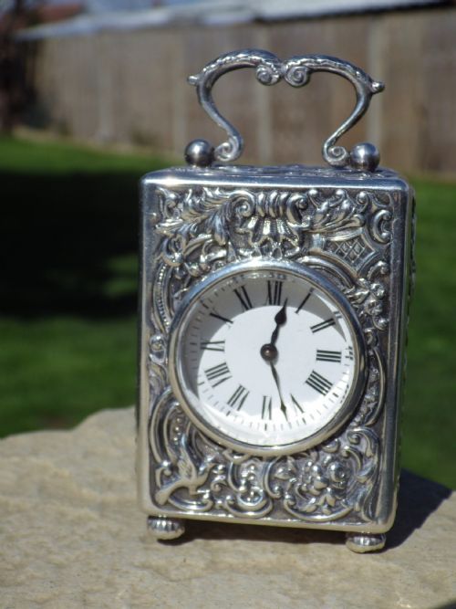 solid silver rocco miniature carriage clock by william comyns 1901 london fully restored movement - CATEGORY: ANTIQUE CLOCKS - DATED 1900