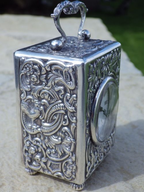 SOLID SILVER ROCCO MINIATURE CARRIAGE CLOCK BY WILLIAM COMYNS 1901 LONDON FULLY RESTORED MOVEMENT - ADDITIONAL PHOTO 3
