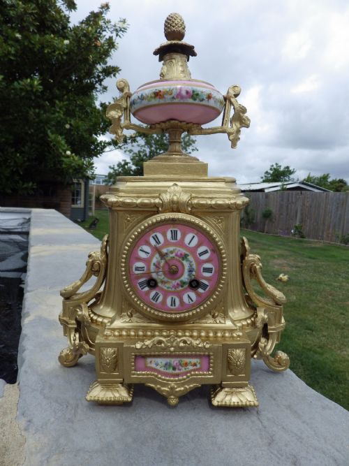 french bronzed mantel clock pink panels all signed on the back 1870s - CATEGORY: ANTIQUE CLOCKS - DATED 1870