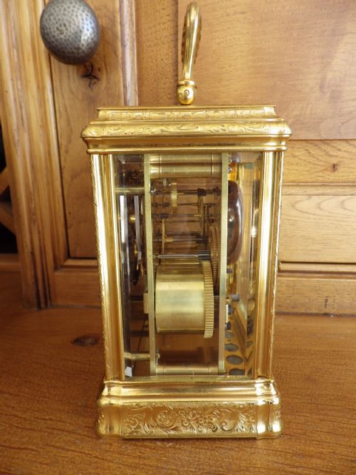 FRENCH REPEATING CARRIAGE CLOCK ENGRAVED CASE ON A BELL 1860 - ADDITIONAL PHOTO 2