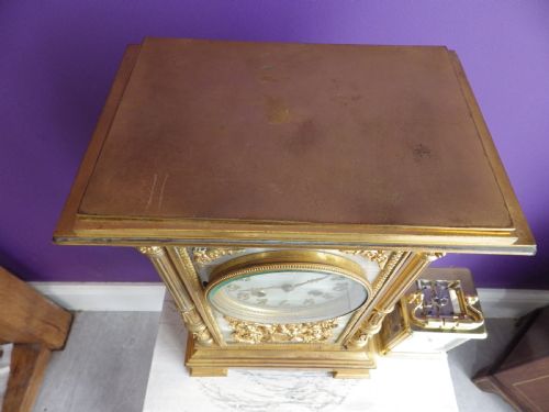 LARGE FRENCH GILDED WITH GREEN PANELS CRYSTAL REGULATOR MANTLE CLOCK 1890 - ADDITIONAL PHOTO 8