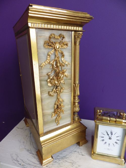LARGE FRENCH GILDED WITH GREEN PANELS CRYSTAL REGULATOR MANTLE CLOCK 1890 - ADDITIONAL PHOTO 6