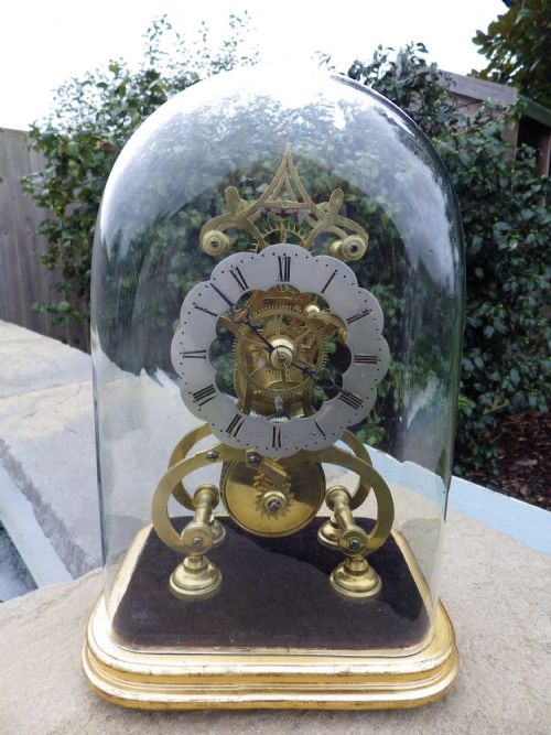 ENGLISH FUSEE SKELETON CLOCK SIX SPOKE WHEEL WORK 1870S UNDER THE ORIGINAL DOME