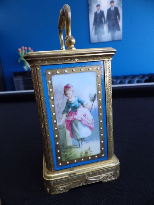 FRENCH ENAMEL PANEL ENGRAVED CASE CARRIAGE CLOCK BY MARGAINE OF FRANCE 1890 - ADDITIONAL PHOTO 6