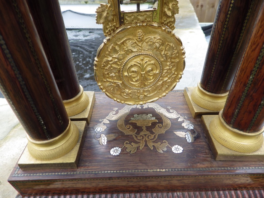French Charles X Portico Clock Stunning Inlay View IV