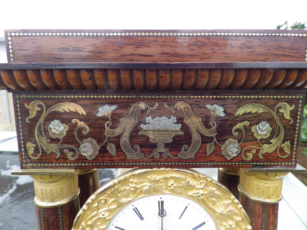 French Charles X Portico Clock Stunning Inlay View VI
