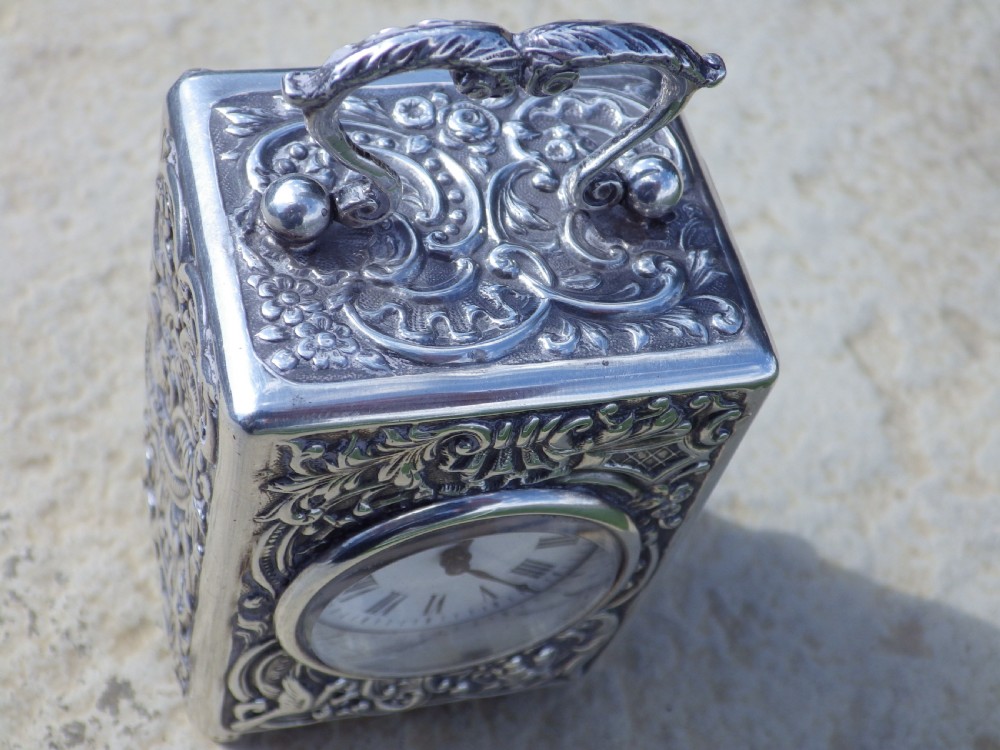  Solid silver Rocco Miniature Carriage Clock By William Comyns 1901 London Fully Restored Movement View V