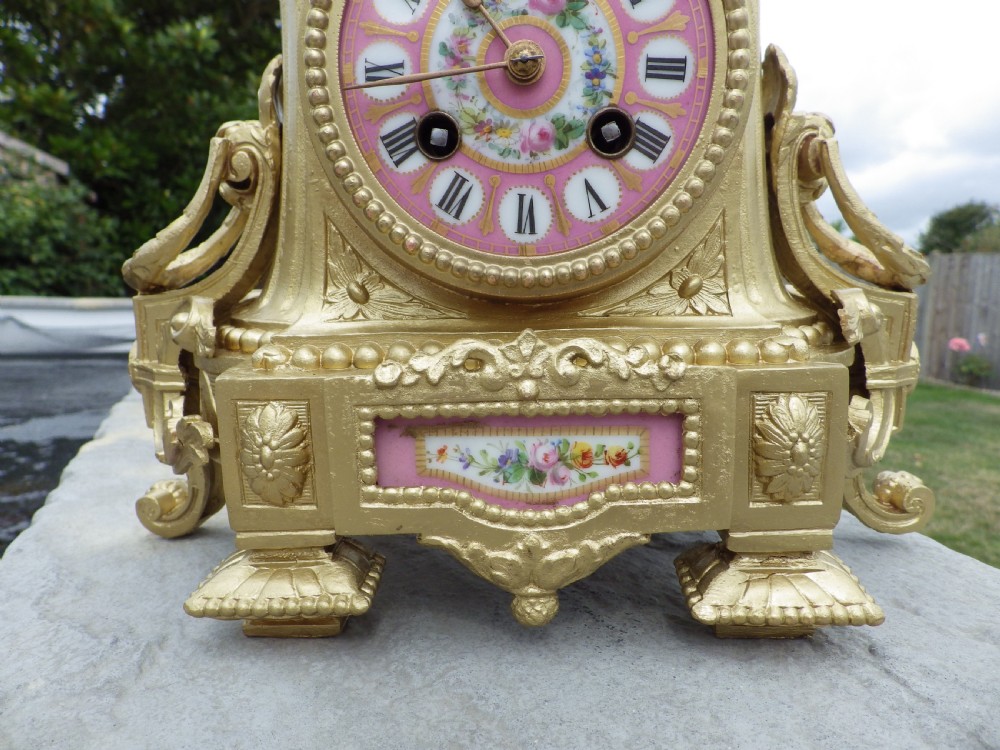 French Bronzed Mantel Clock Pink Panels All Signed On The Back 1870s View II