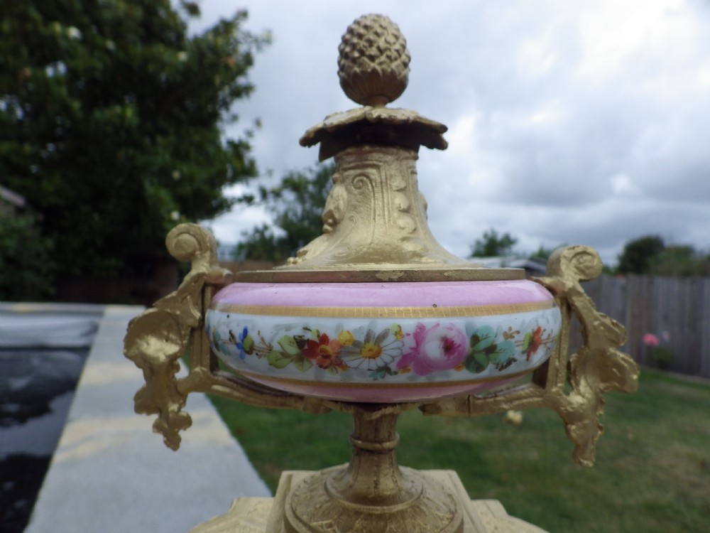 French Bronzed Mantel Clock Pink Panels All Signed On The Back 1870s View III