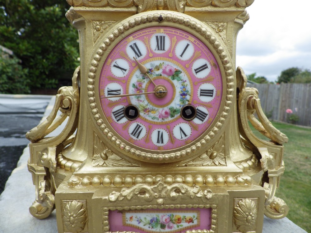 French Bronzed Mantel Clock Pink Panels All Signed On The Back 1870s View IV
