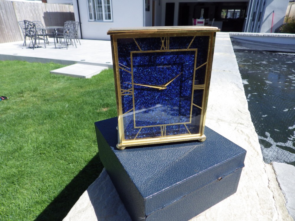 Jaeger Le Coultre Blue Lapis Stone Brass Mantle Clock & Box