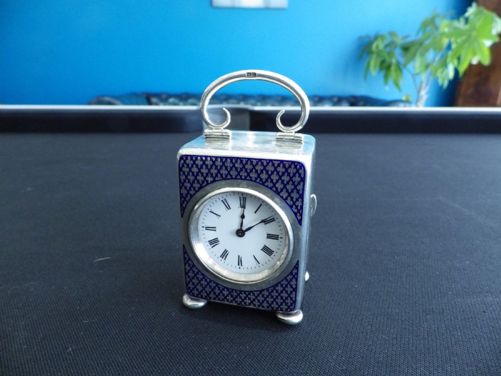 Miniature Solid Silver and Enamel Carriage Clock 1900, Movement Restored.