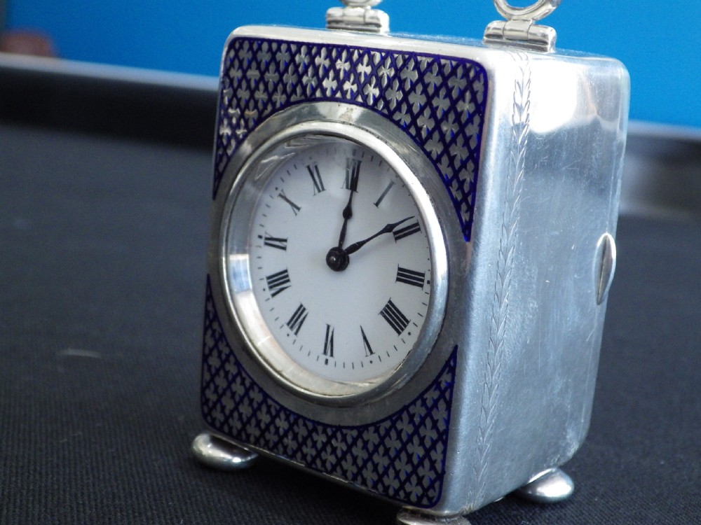 Miniature Solid Silver and Enamel Carriage Clock 1900, Movement Restored. View III