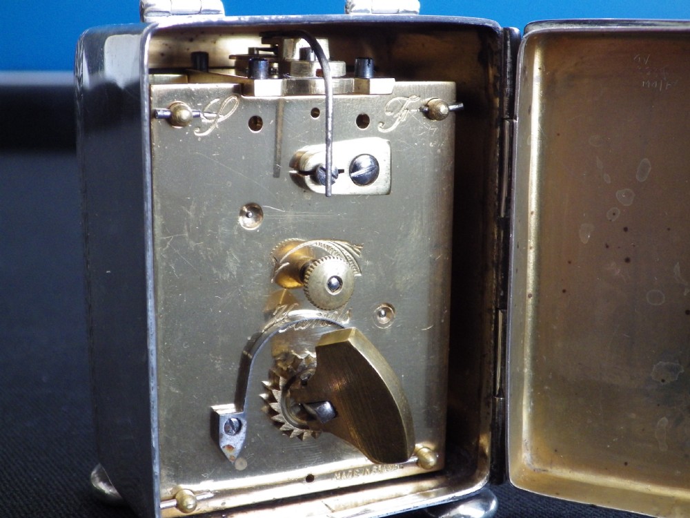 Miniature Solid Silver and Enamel Carriage Clock 1900, Movement Restored. View IV