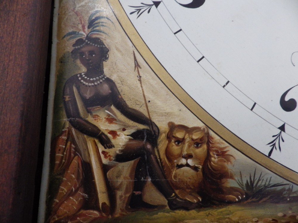 A late 18th-century Georgian mahogany longcase clock featuring a swan-neck pediment and an arched painted dial with moon phase function. View XIII