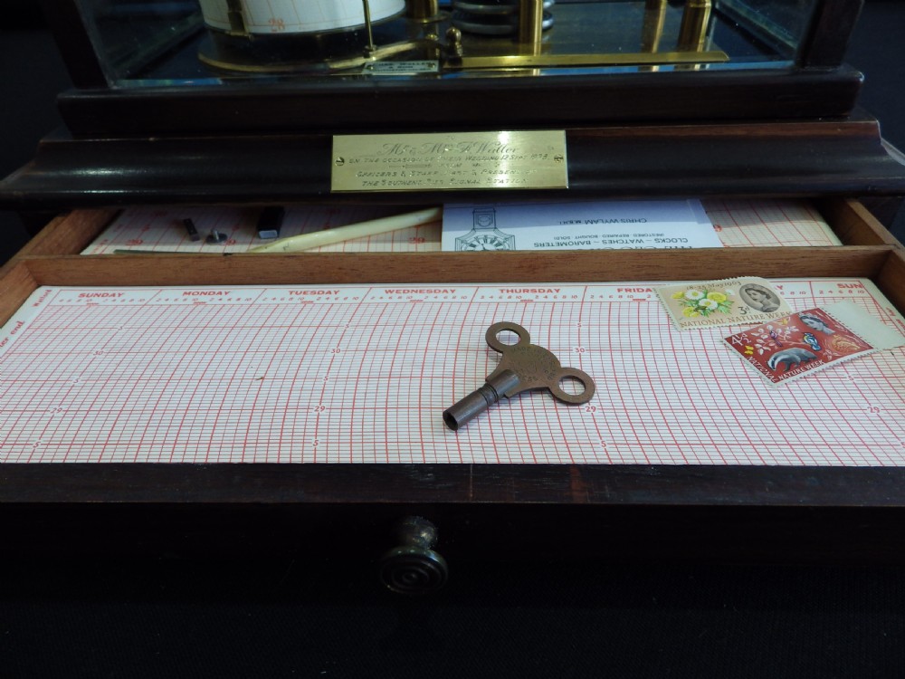 A 1920s mahogany and glass barograph featuring brass internal mechanisms, an aneroid capsule stack, and an engraved brass presentation plaque on the drawer base. View II