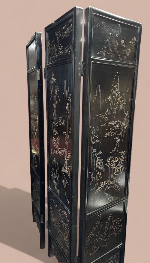 ORIENTAL INSPIRED DECORATIVE SIX PANEL LACQUERED SCREEN WITH INLAY - ADDITIONAL PHOTO 3